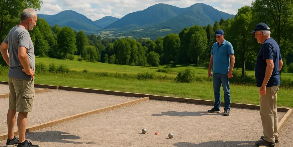 Photo de joueurs de pétanque dans les Vosges, avec les montagnes en fond