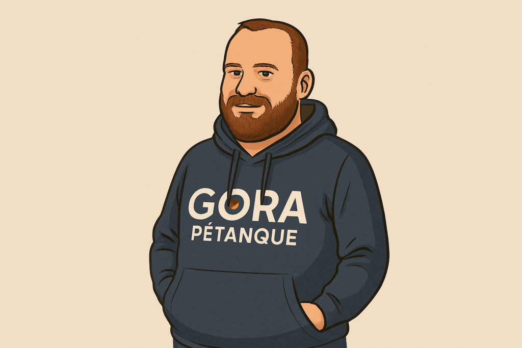 Image en mode dessin ia de Steven Petank avec un hoodie bleu gora pétanque